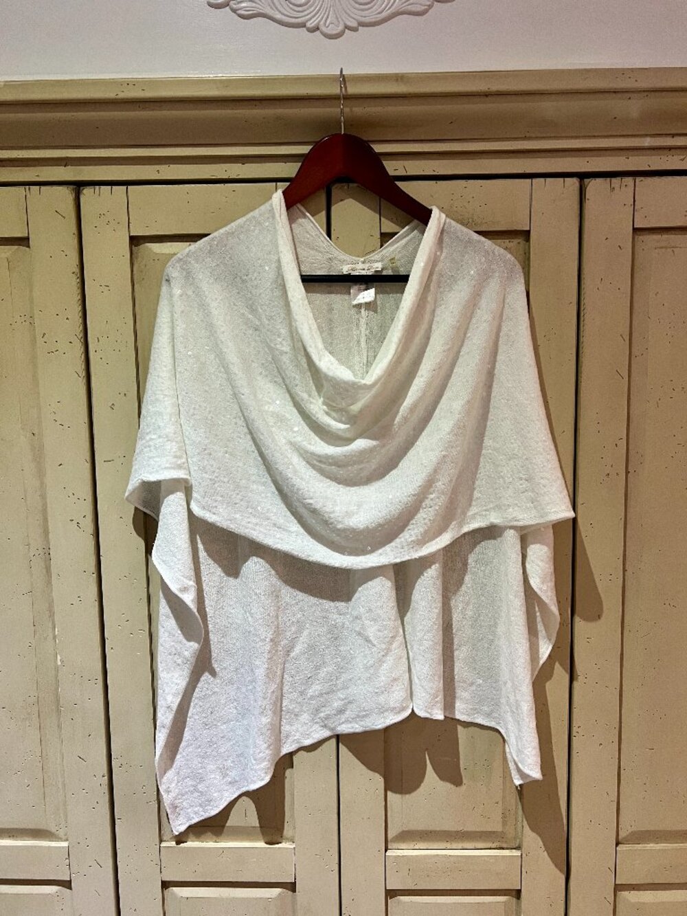 Minnie Rose Sequin Cotton Poncho Topper Wrap Cowl Neck White One Size